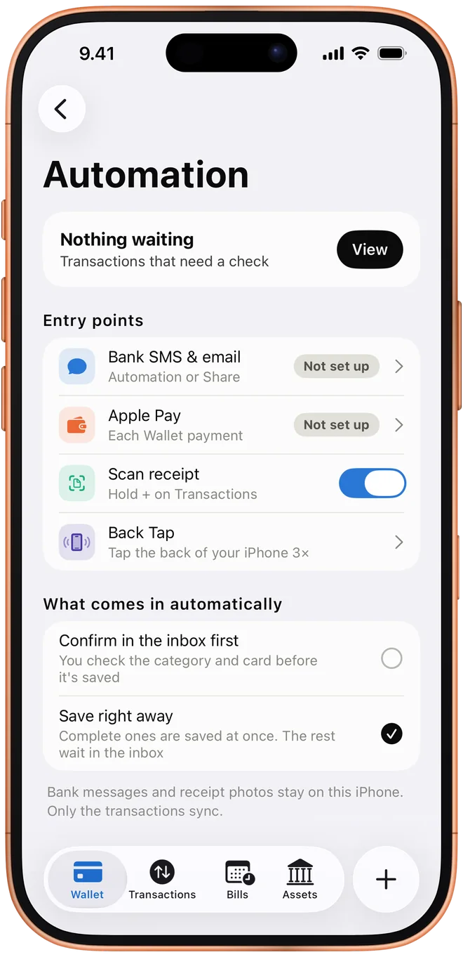 Automation settings with Apple Pay, Scan receipt and Back Tap