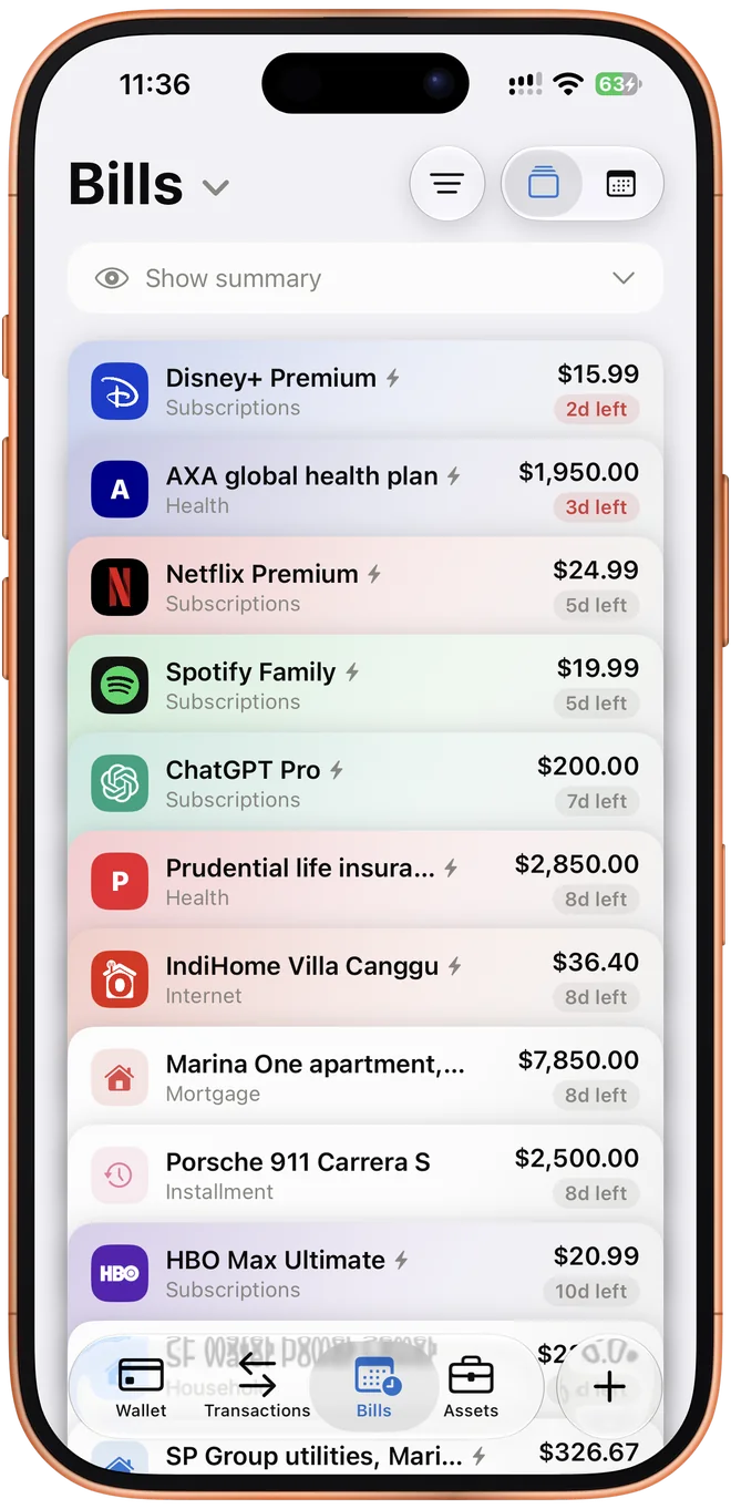 Bills shown as a stack of cards