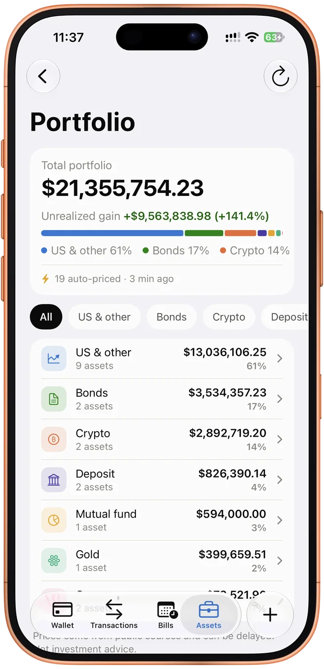 Portfolio with holdings and gains